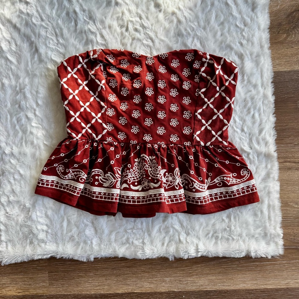 Express Red White Boho Embroidered Strapless Peplum Top Small Cottagecore